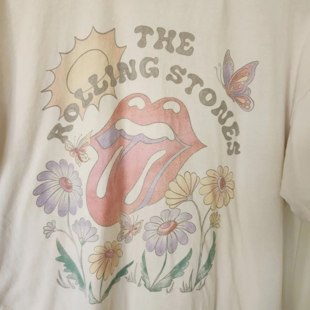 AE Band Tee American Eagle Rolling Stones Graphic Cream Floral Retro Casual Boho - Picture 4 of 8